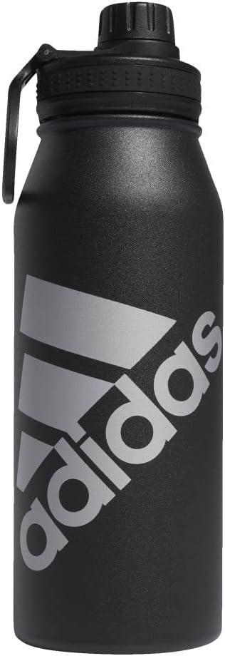 adidas 1 Liter (32 oz) Metal Water Bottle, Hot/Cold Double-Walled Insulated 18/8 Stainless Steel, Black/Silver Metallic, 32 Ounces
