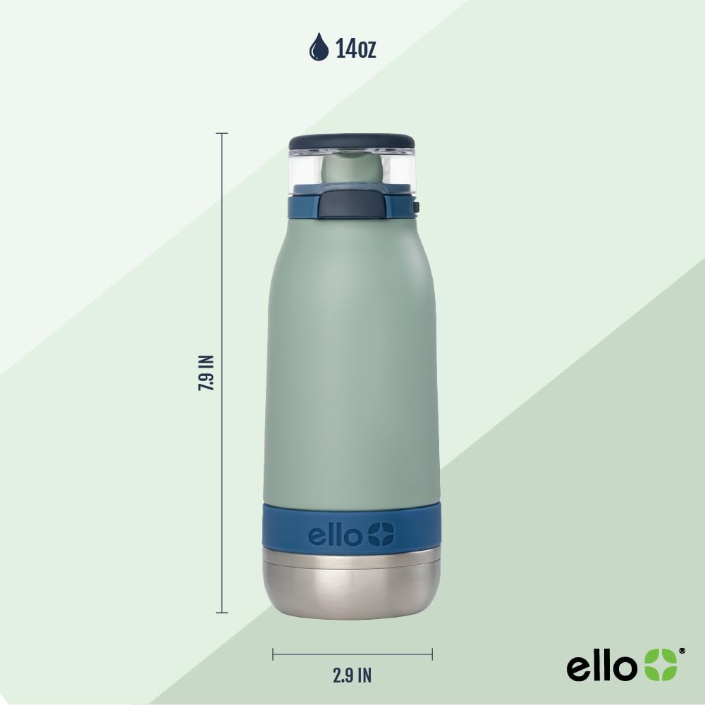 Ello Emma 14oz Vacuum Insulated Stainless Steel Kids Water Bottle with Straw and Built-in Carrying Handle and Leak-Proof Locking Lid for School Backpack, Lunchbox and Outdoor Sports