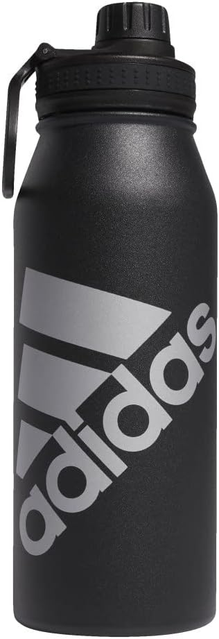 adidas 1 Liter (32 oz) Metal Water Bottle, Hot/Cold Double-Walled Insulated 18/8 Stainless Steel, Black/Silver Metallic, 32 Ounces