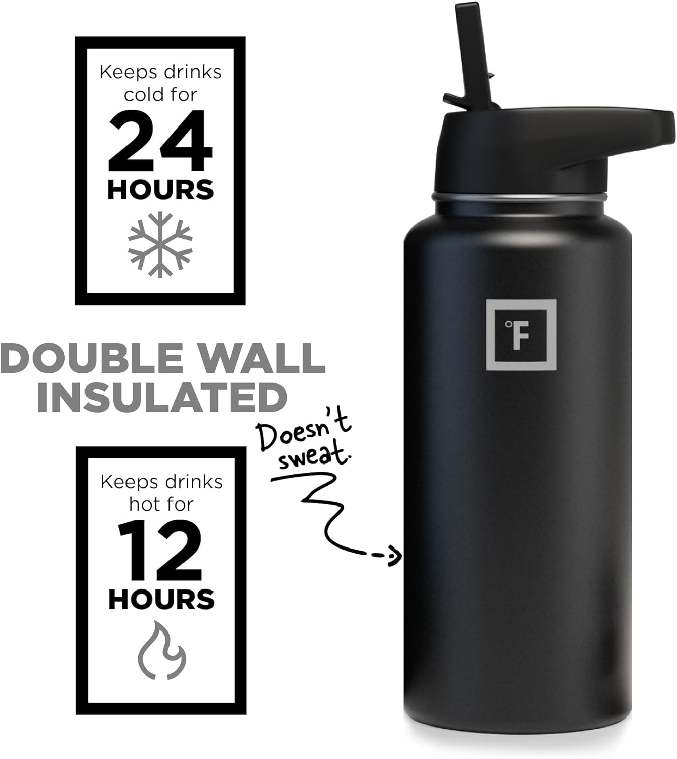 IRON °FLASK Camping & Hiking Hydration Flask with 3 Lids - Stainless Steel, Double Walled & Vacuum Insulated Water Bottle - Leak Proof & BPA Free 32 Oz