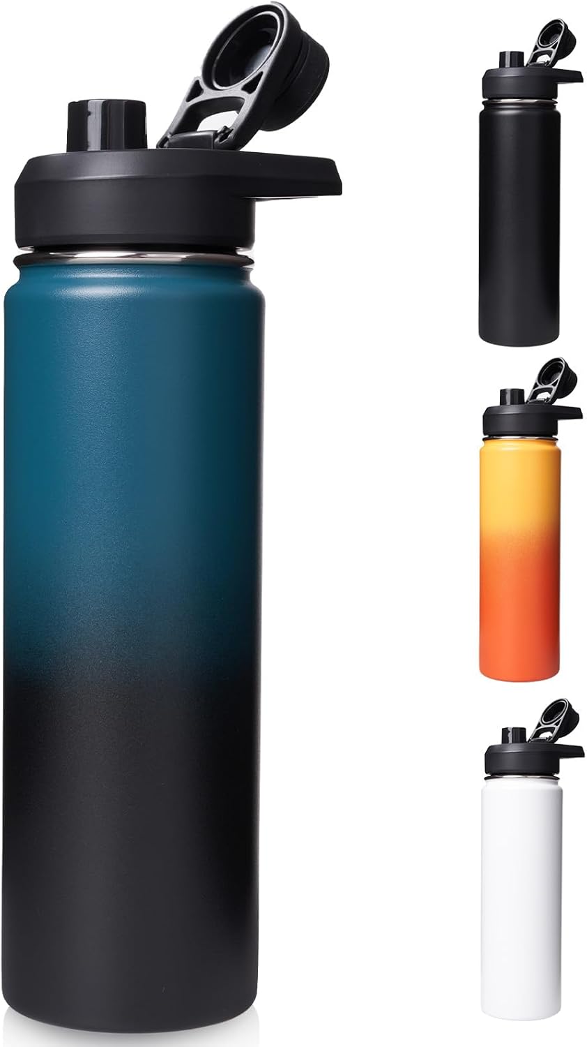 24 oz Insulated Water Bottle with Handle, 304 Stainless Steel Water Bottles with Wide Mouth, Double Wall Vacuum Sports Water Bottle, BPA Free, Keep Cold and Hot, Blue&Black