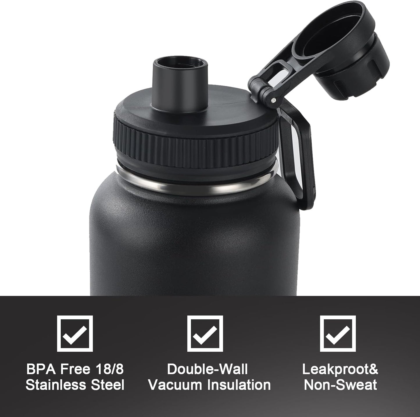 Navigate 32 oz Insulated Stainless Steel Sports Water Bottle with Spout & Handle Lids,Wide Mouth Water Jug with Double Walled Leak Proof Keep Cold for 24 Hrs Hot for 12 Hrs,Black