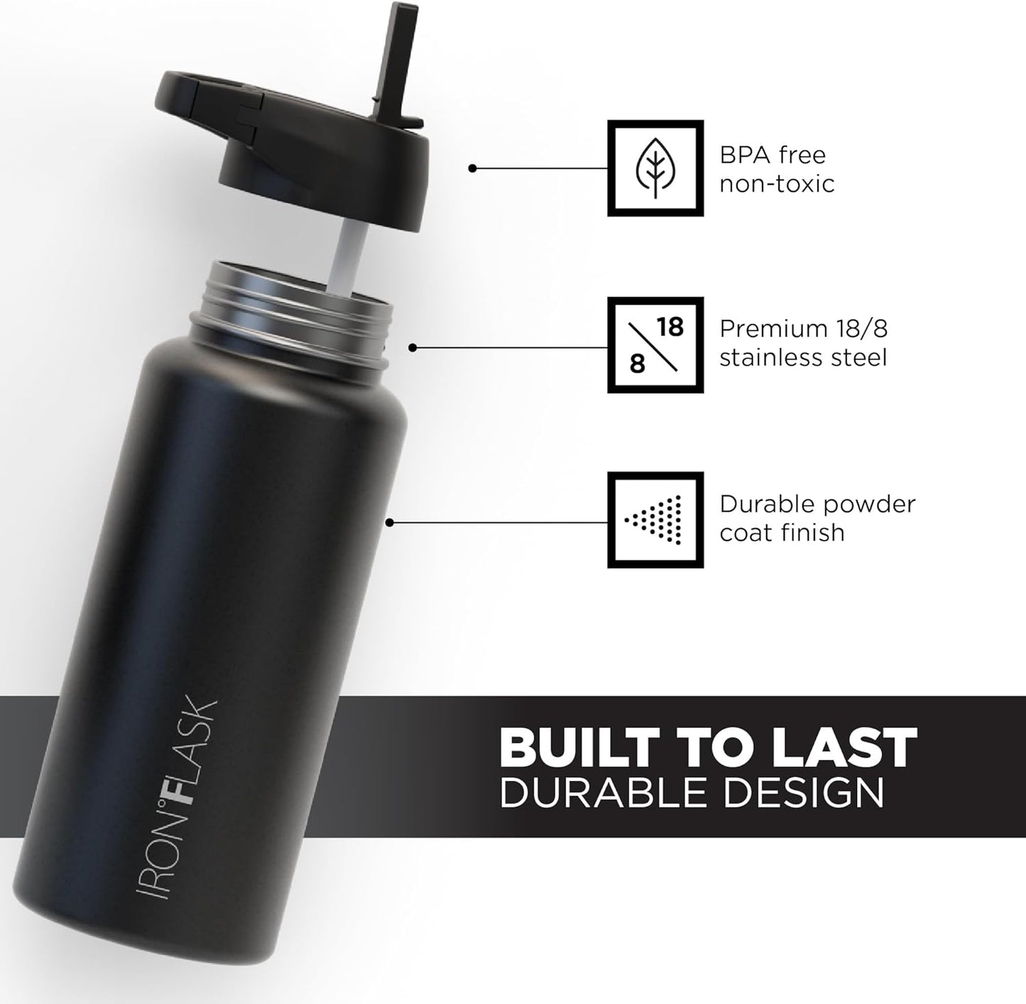 IRON °FLASK Camping & Hiking Hydration Flask with 3 Lids - Stainless Steel, Double Walled & Vacuum Insulated Water Bottle - Leak Proof & BPA Free 32 Oz