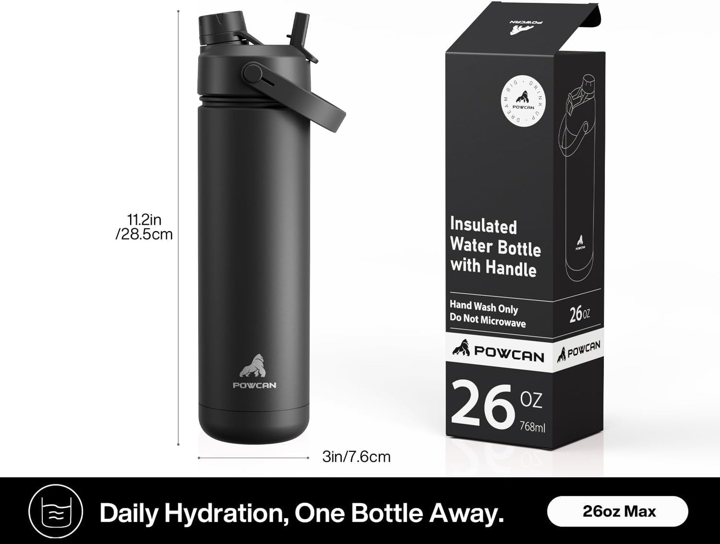 26 oz Insulated Water Bottle with 2-in-1 Straw and Spout Lid, Keep Cold 24H, Leak-Proof, Fits in Car Cup Holder, Stainless Steel Water Bottle for Sports, Travel, and School (Dark Knight)