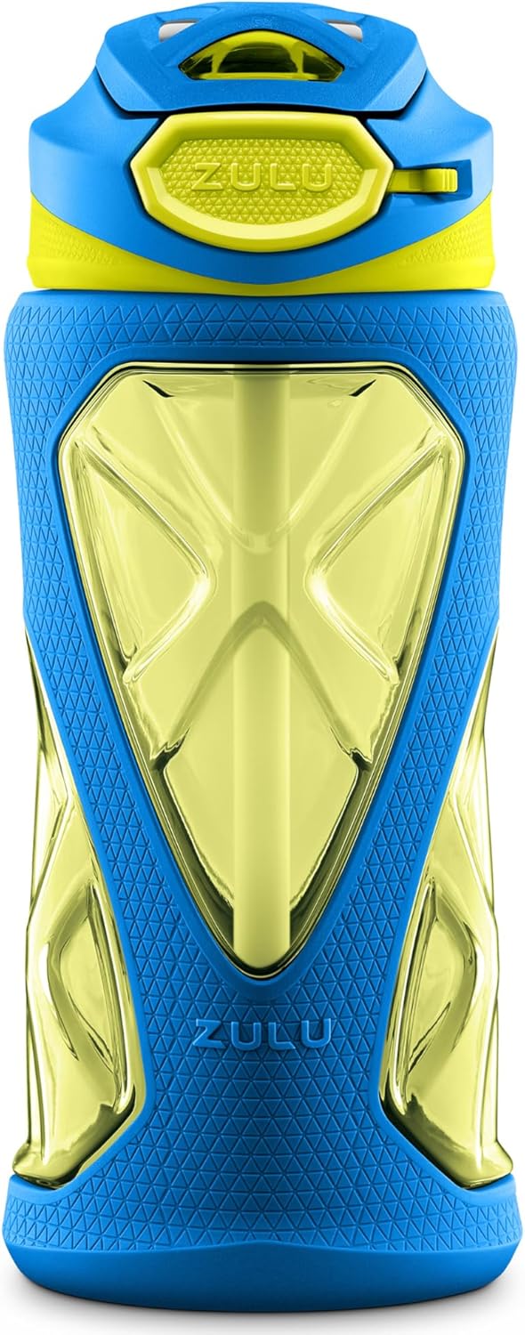 ZULU Torque 16oz Plastic Kids Water Bottle with Silicone Sleeve and Leak-Proof Locking Flip Lid