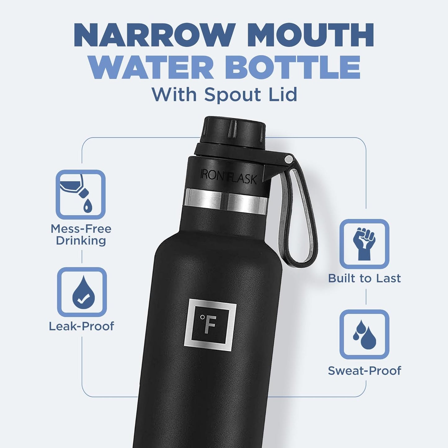 IRON °FLASK Camping & Hiking Hydration Canteens - 3 Lids (Narrow Spout Lid) Leak Proof Vacuum Insulated Stainless Steel - Hot & Cold Double Walled Sports Water Bottle - Midnight Black, 24 Oz