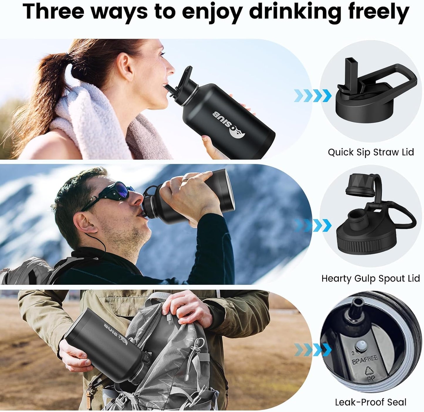 Insulated Water Bottle 64 oz, Triple Wall Vacuum Stainless Steel(Cold for 48 Hrs),Leak Proof & BPA-Free,Half Gallon Water Bottle with Reflective Paracord & Flip Straw for Sports & Travel, Black