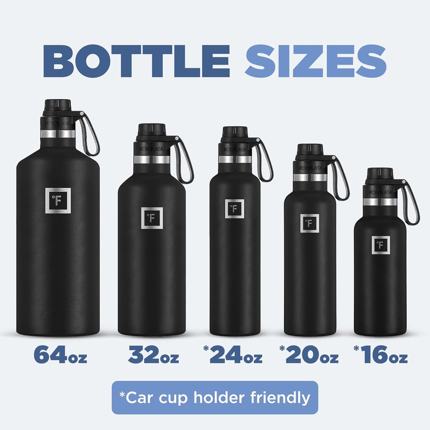IRON °FLASK Camping & Hiking Hydration Canteens - 3 Lids (Narrow Spout Lid) Leak Proof Vacuum Insulated Stainless Steel - Hot & Cold Double Walled Sports Water Bottle - Midnight Black, 24 Oz