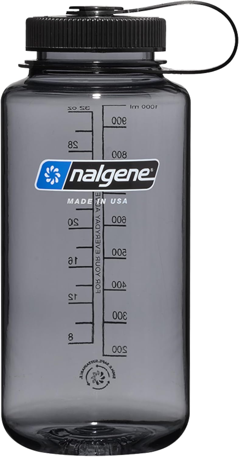 Nalgene Leak Proof Tritan BPA-Free Water Bottle - 32 oz Wide Mouth - Made in the USA for Outdoor Use & Daily Hydration (Grey w/Black Lid)