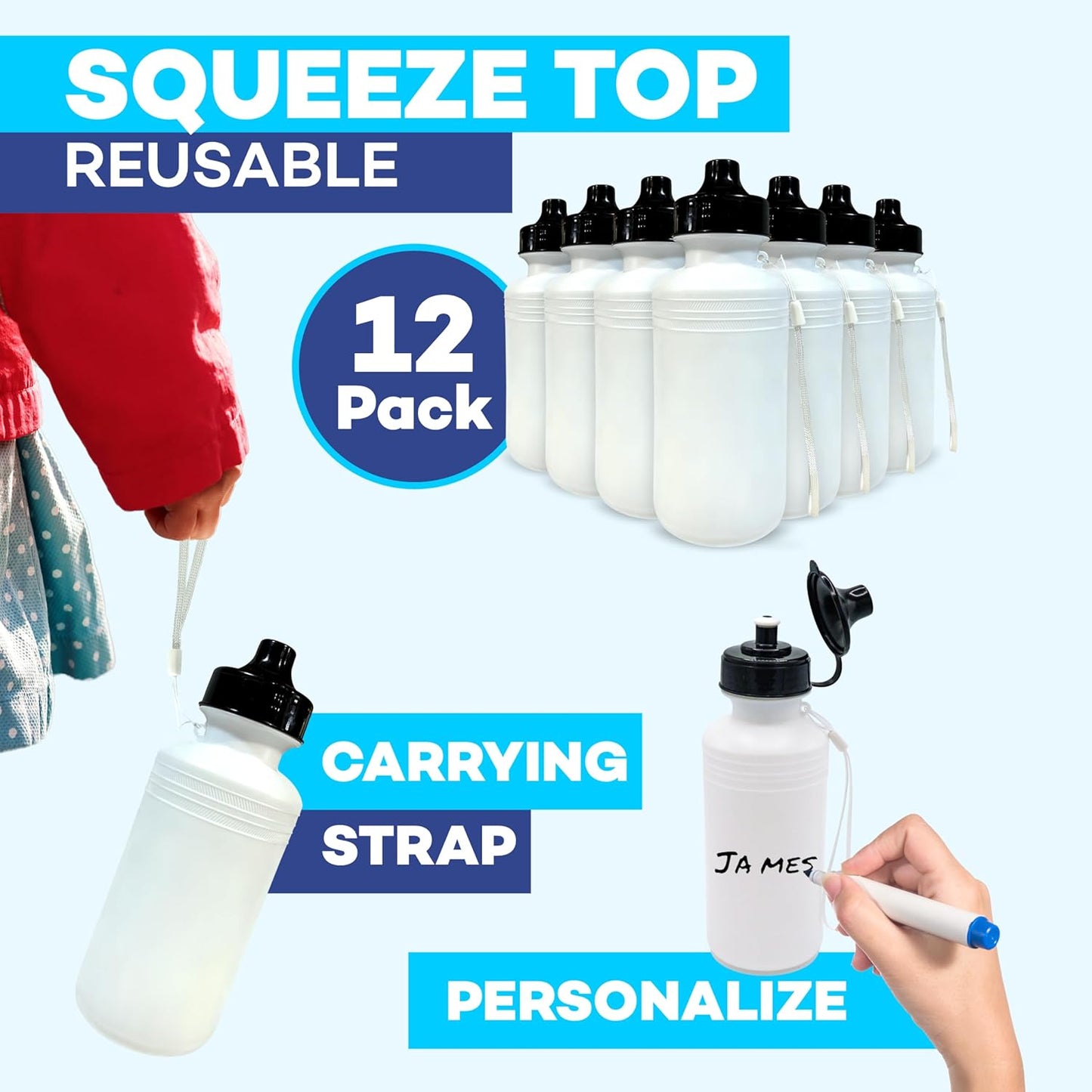 4E's Novelty Sports Water Bottles Bulk (12 Pack) 18 oz Squeeze Reusable Plastic White School Bike Water Bottle for Kids, BPA Free, Party Favor Giveaways, End of Year Student Gifts