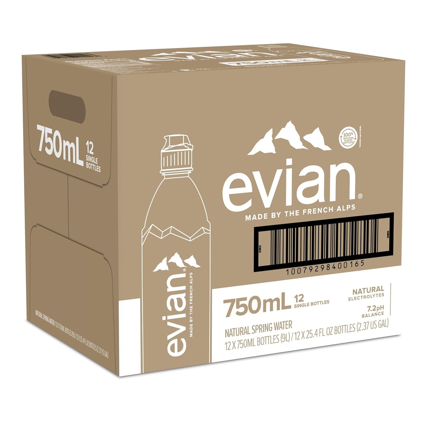 evian Natural Spring Water, 750 ml (25.36 fluid ounce) Water Bottle with Sports Cap, 12 Pack