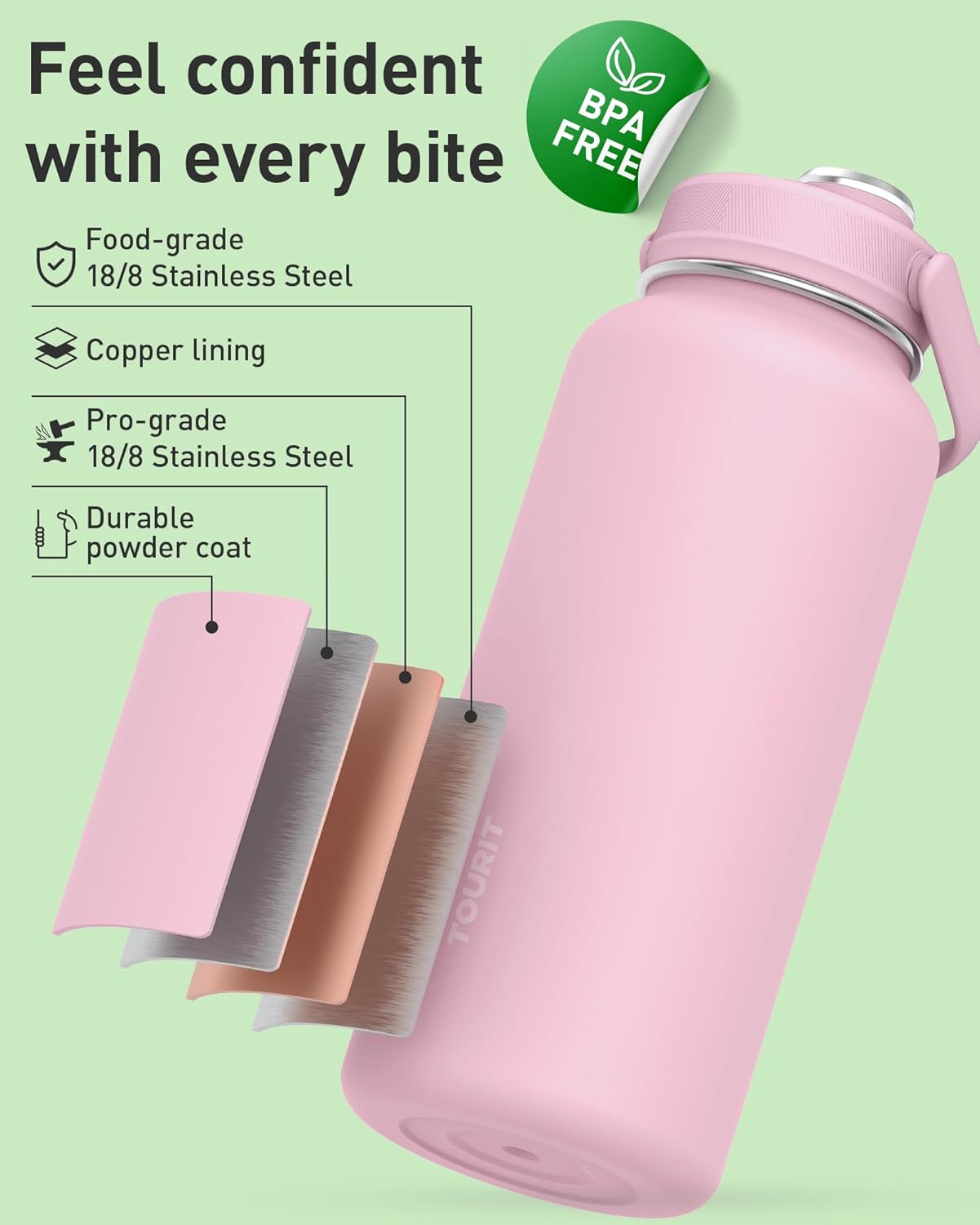 TOURIT 32 oz Insulated Water Bottle, Stainless Steel Sports Water Bottles With Top Handle, Double-Wall Travel Thermal Water Flask, BPA Free Leakproof Water Bottle for Sports and Travel (Obsidian)