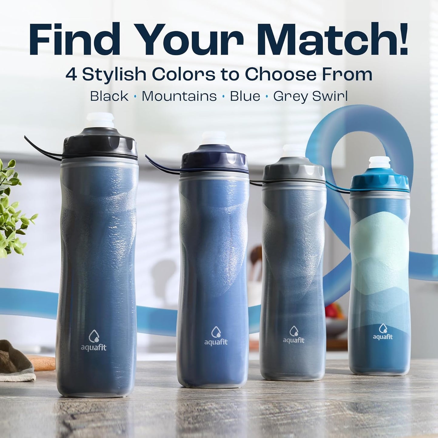 AQUAFIT Insulated Water Bottle - 20oz Leakproof Sports Water Bottle with Bite Lid, Bike Water Bottle, Easy Squeeze Water Bottles, Spill Proof for Cycling Bicycle - Fits Most Bike Cages (Mountains)