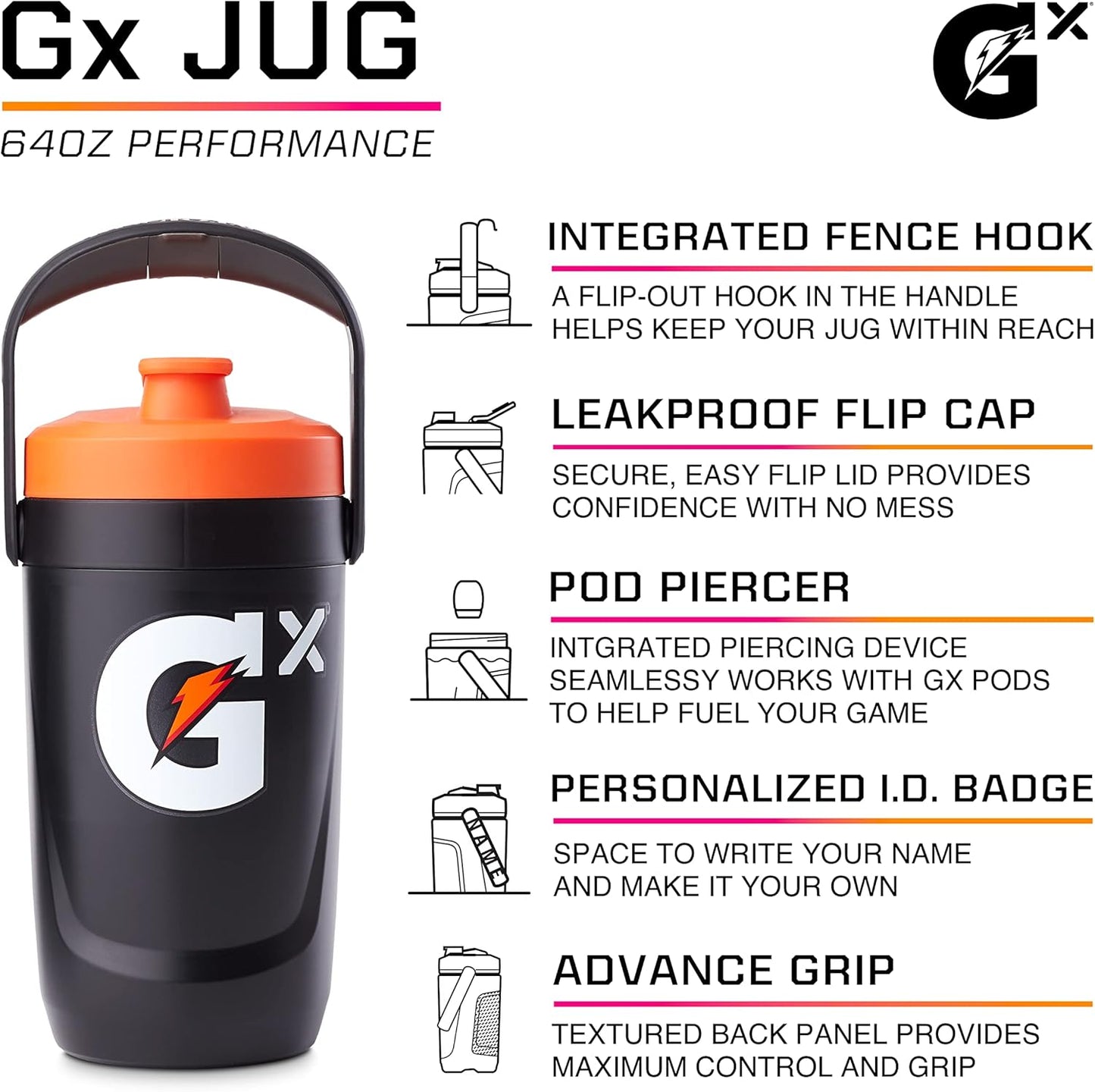 Gatorade Gx Performance Jug, 64oz, Leakproof, Non Slip Grip, Great for Athletes, Blue