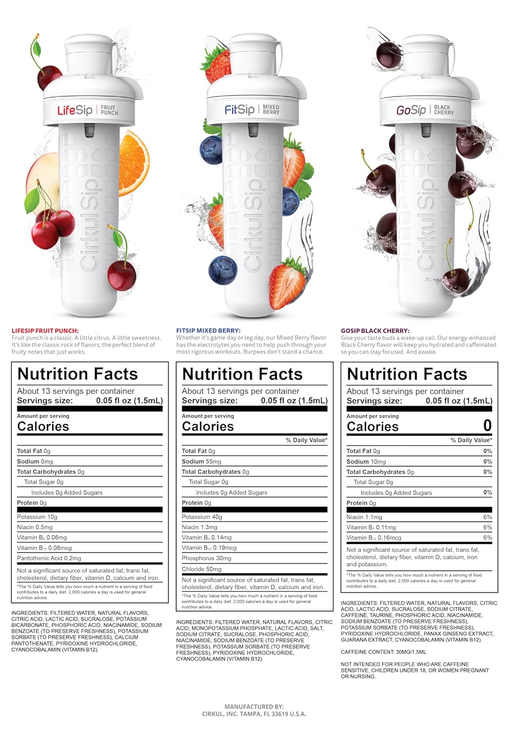 Cirkul 22oz. BPA-Free Plastic Water Bottle Starter Kit with Blue Lid, 3 Flavor Cartridges (1 LifeSip Fruit Punch, 1 FitSip Mixed Berry, 1 GoSip Black Cherry) Zero Calories and No Sugar