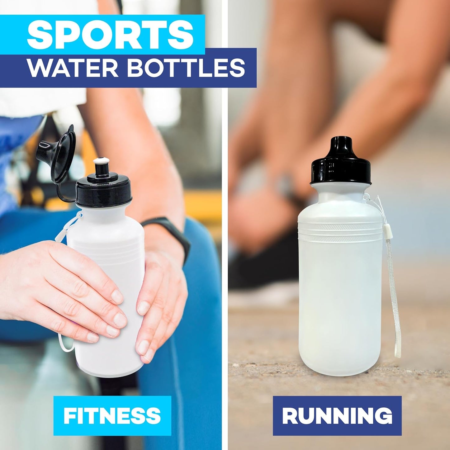 4E's Novelty Sports Water Bottles Bulk (12 Pack) 18 oz Squeeze Reusable Plastic White School Bike Water Bottle for Kids, BPA Free, Party Favor Giveaways, End of Year Student Gifts