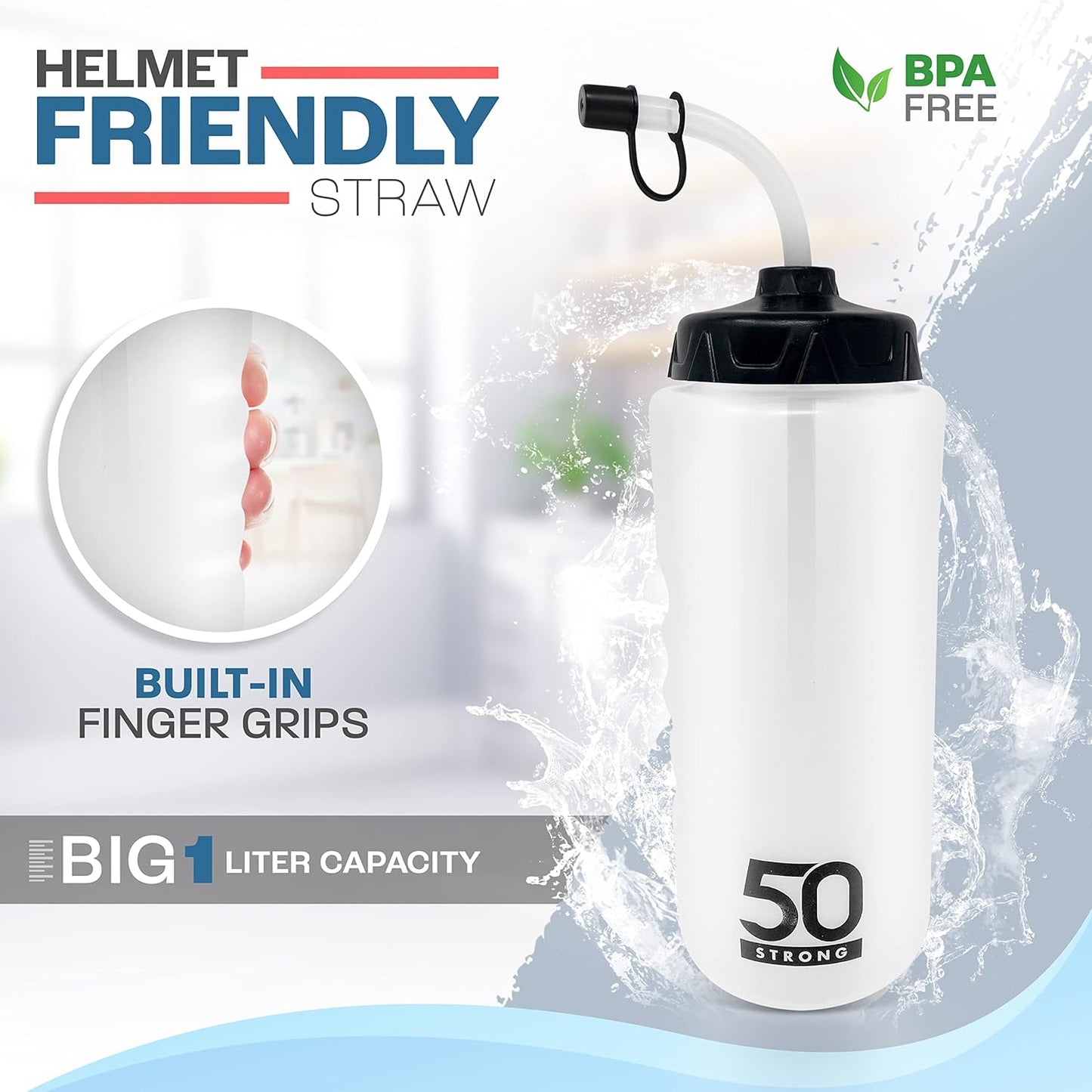 50 Strong 1 Liter Water Bottle with Straw – 2-Pack Easy-Squeeze Sports Bottles with Long Straw & Built-In Finger Grip – BPA-Free – Made in USA – Ideal for Hockey, Football, Lacrosse & Boxing