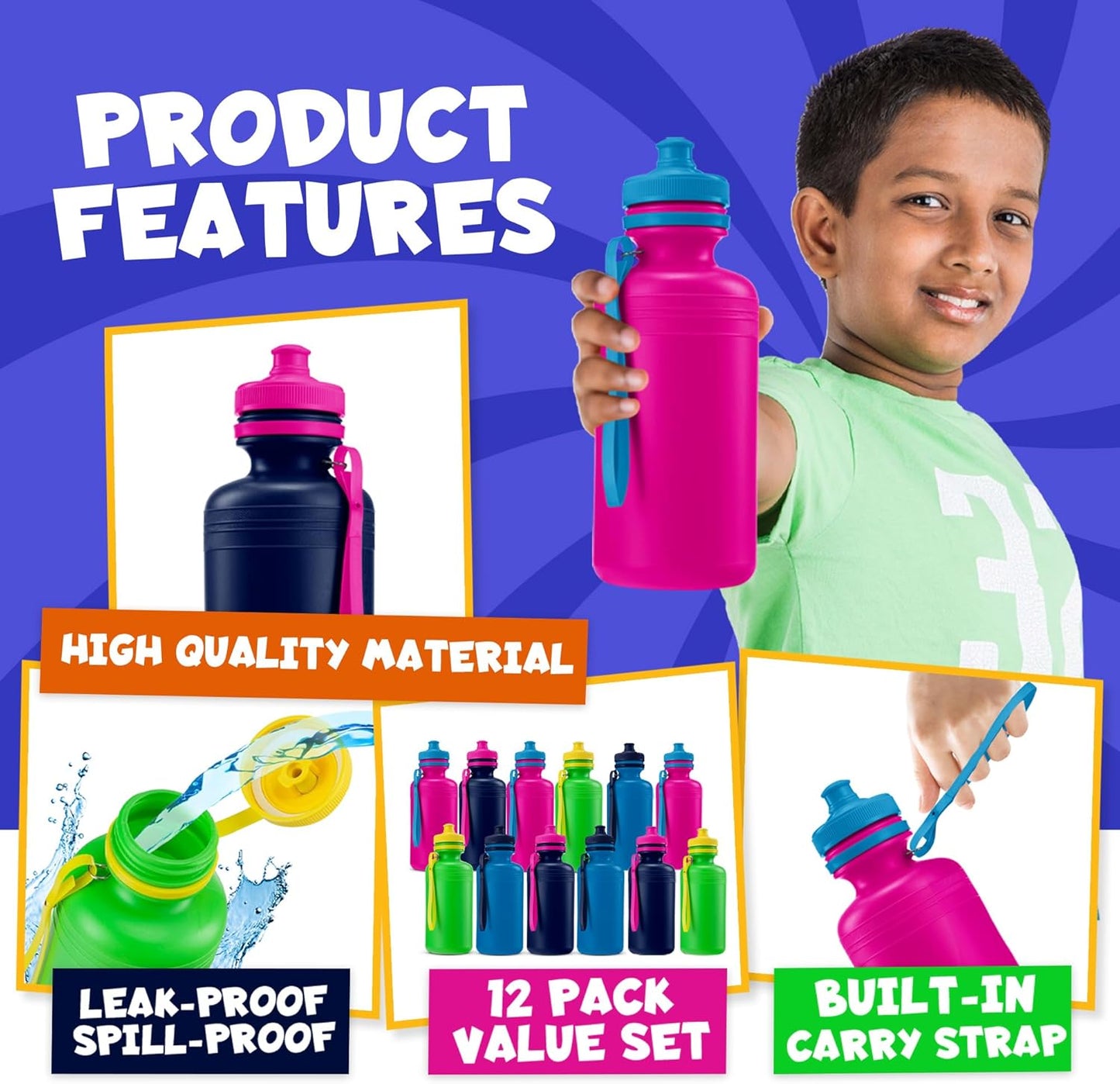 Bedwina Bulk Water Bottles For Kids - (Pack of 12) 18 Oz - 7.5 Inch BPA-Free Plastic with Pop-up Tops & Handles for Sports, Summer, Reusable Water Bottles Bulk For School