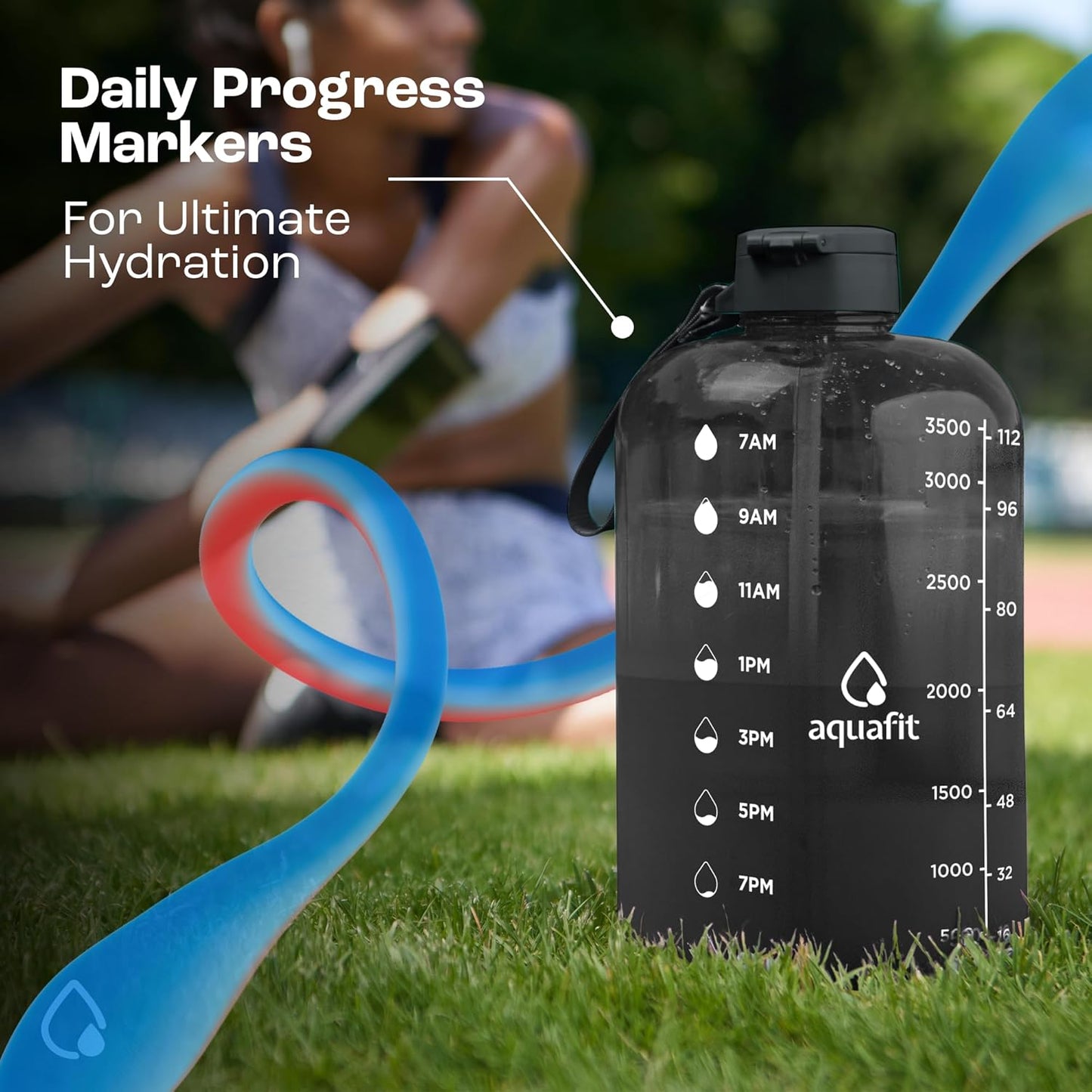 AQUAFIT 1 Gallon Water Bottle with Time Marker - Straw & Chug Lid - BPA Free Gym Water Bottle with Straw - Big Gallon Jug (Gray, 128 oz - 2 Lids)