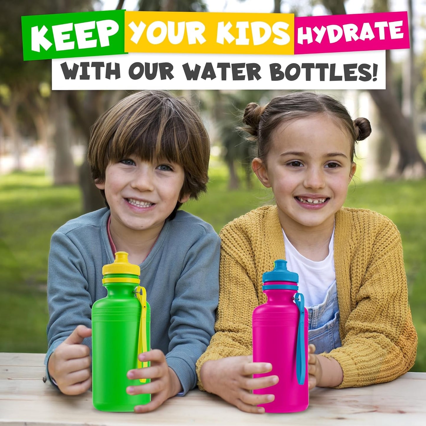 Bedwina Bulk Water Bottles For Kids - (Pack of 12) 18 Oz - 7.5 Inch BPA-Free Plastic with Pop-up Tops & Handles for Sports, Summer, Reusable Water Bottles Bulk For School