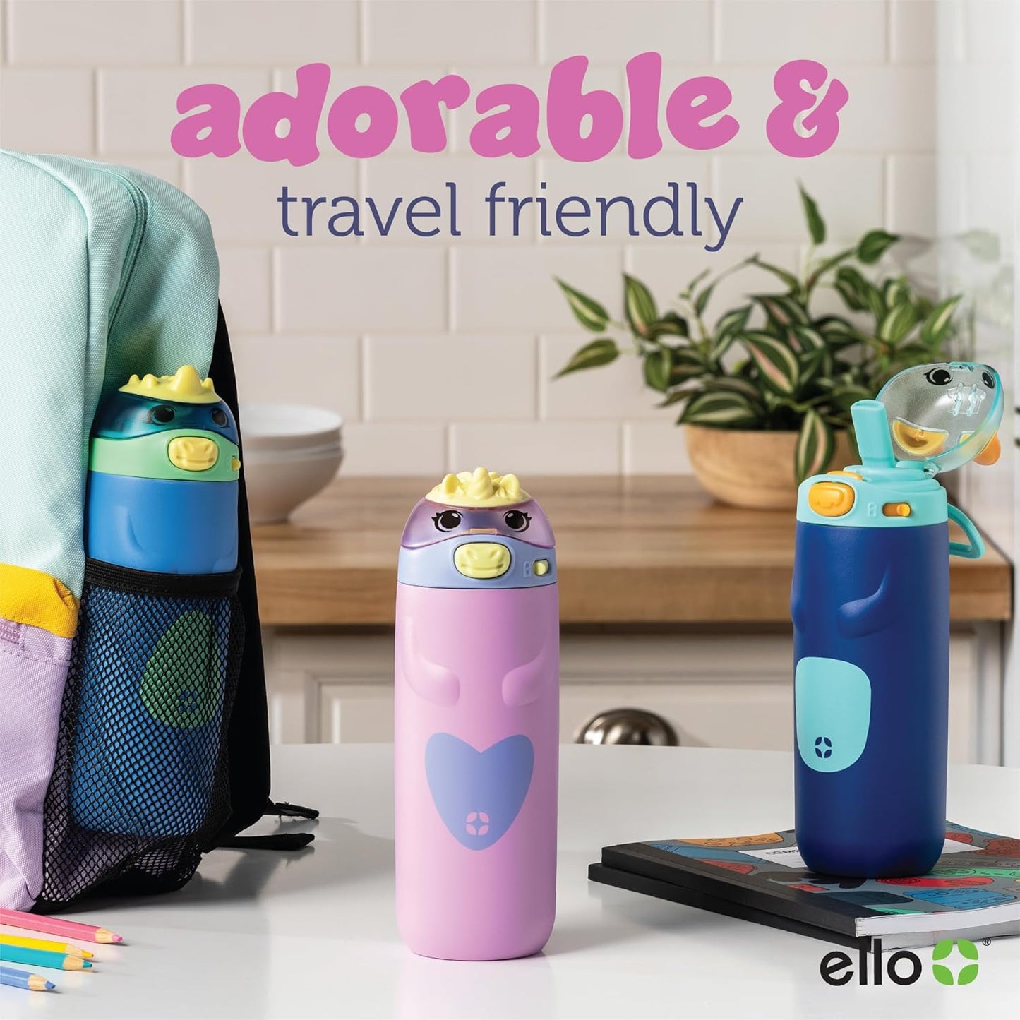 Ello Ellies 12oz Vacuum Insulated Stainless Steel Kids Water Bottle with Straw and Built-in Carrying Handle and Leak-Proof Locking Lid for School Backpack, Lunchbox and Outdoor Sports, Dog