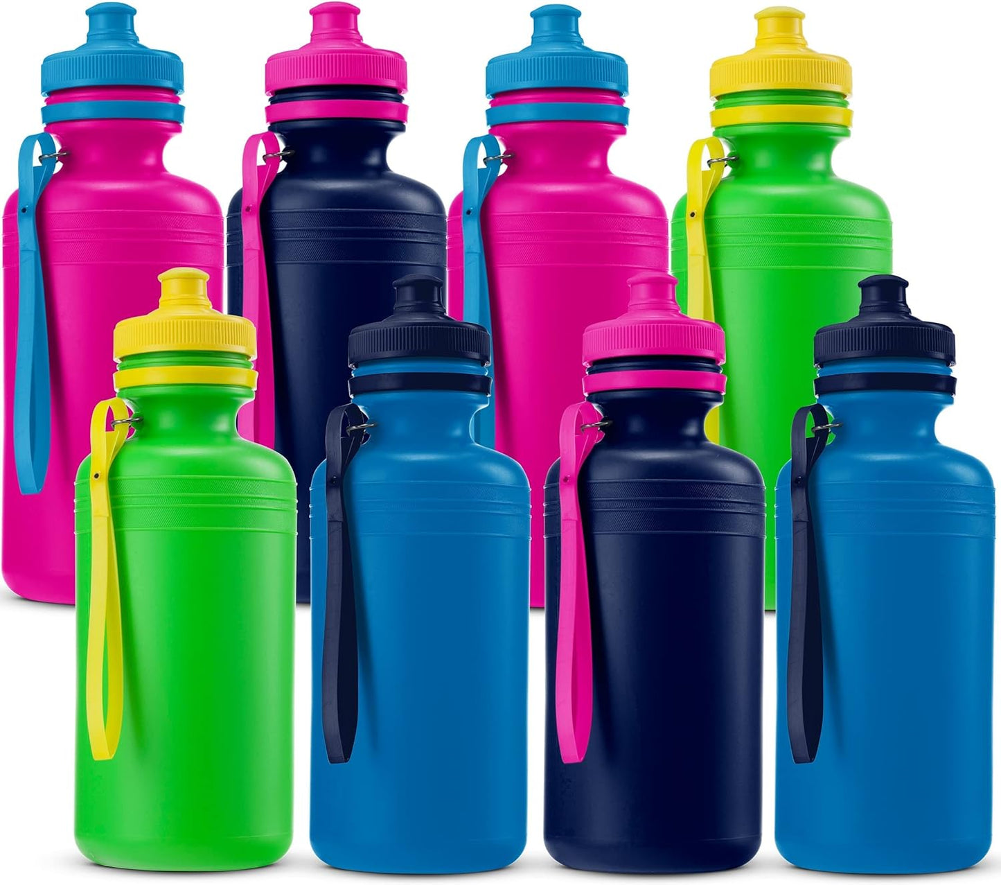 Bedwina Bulk Water Bottles For Kids - (Pack of 12) 18 Oz - 7.5 Inch BPA-Free Plastic with Pop-up Tops & Handles for Sports, Summer, Reusable Water Bottles Bulk For School