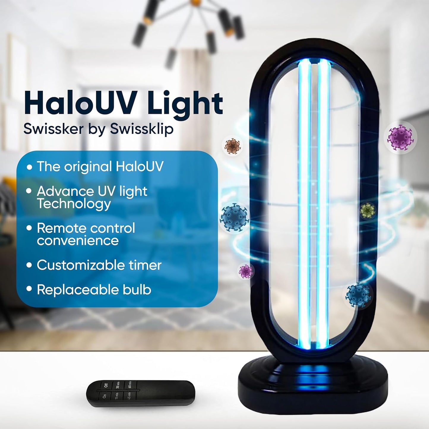 Swissklip HaloUV Original, Home Disinfection Device, Haloclean Dust Mites Remover, UV Light Sanitizer, Ultraviolet Sanitizer for Home, Room & Kitchen, Ultraviolet Light with 4 Speed Timings