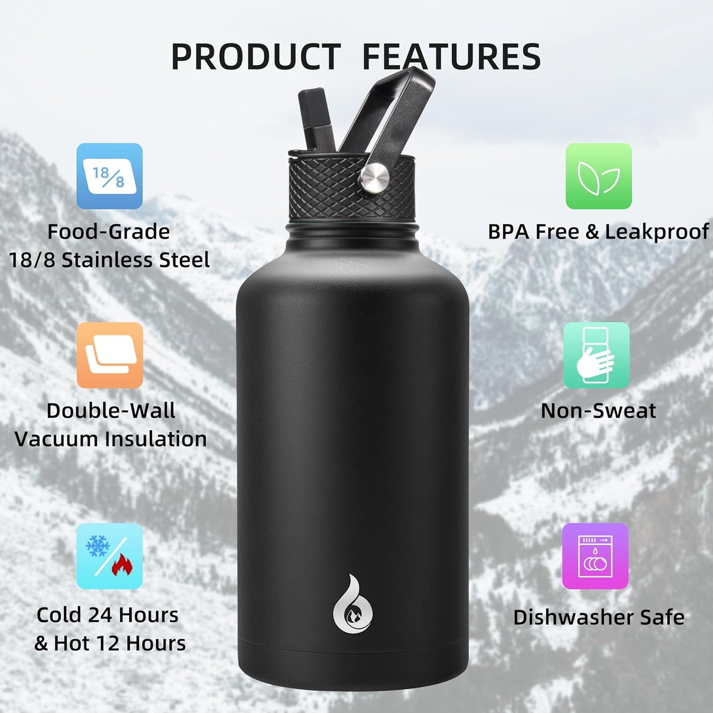 BJPKPK Half Gallon Insulated Water Bottles with Straw Lid, 64oz Large Water Jug, Stainless Steel Bottles with 3 Lids and Paracord Handle, Thermos for Hot & Cold Liquid, Black