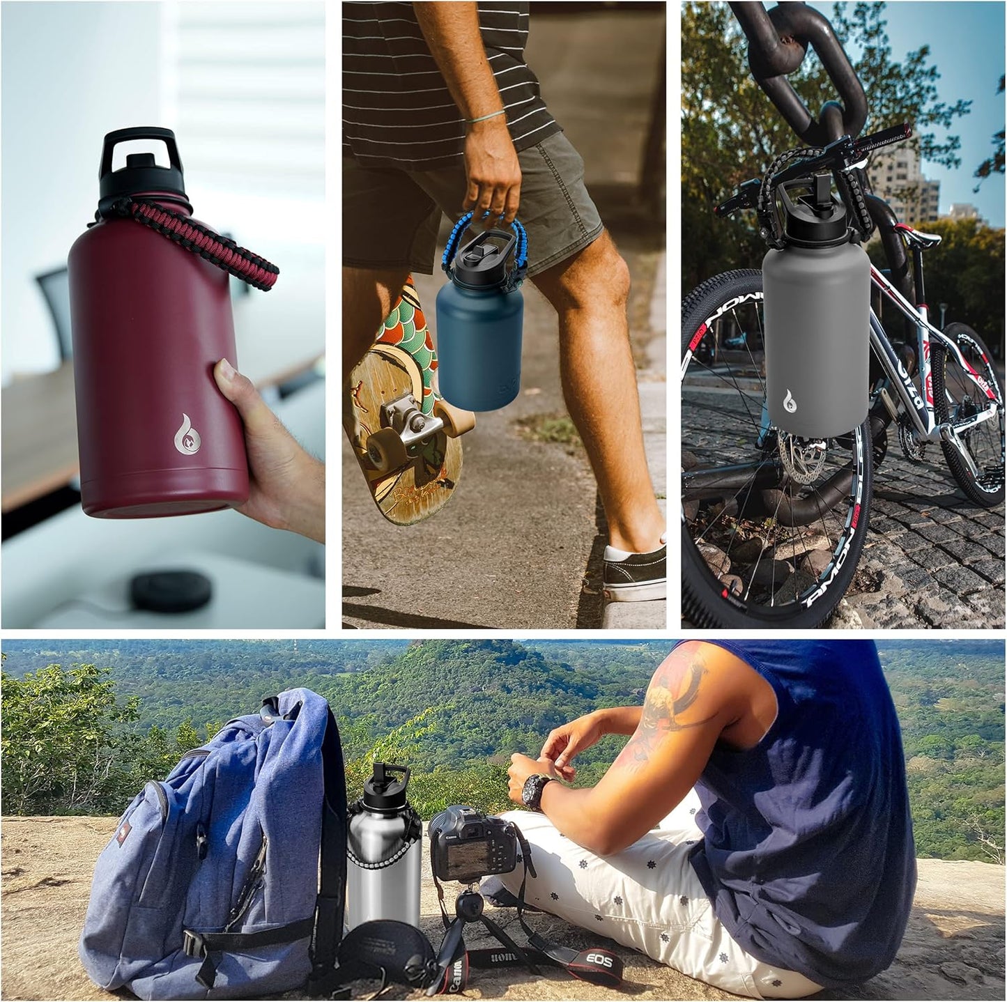BJPKPK Half Gallon Insulated Water Bottles with Straw Lid, 64oz Large Water Jug, Stainless Steel Bottles with 3 Lids and Paracord Handle, Thermos for Hot & Cold Liquid, Black