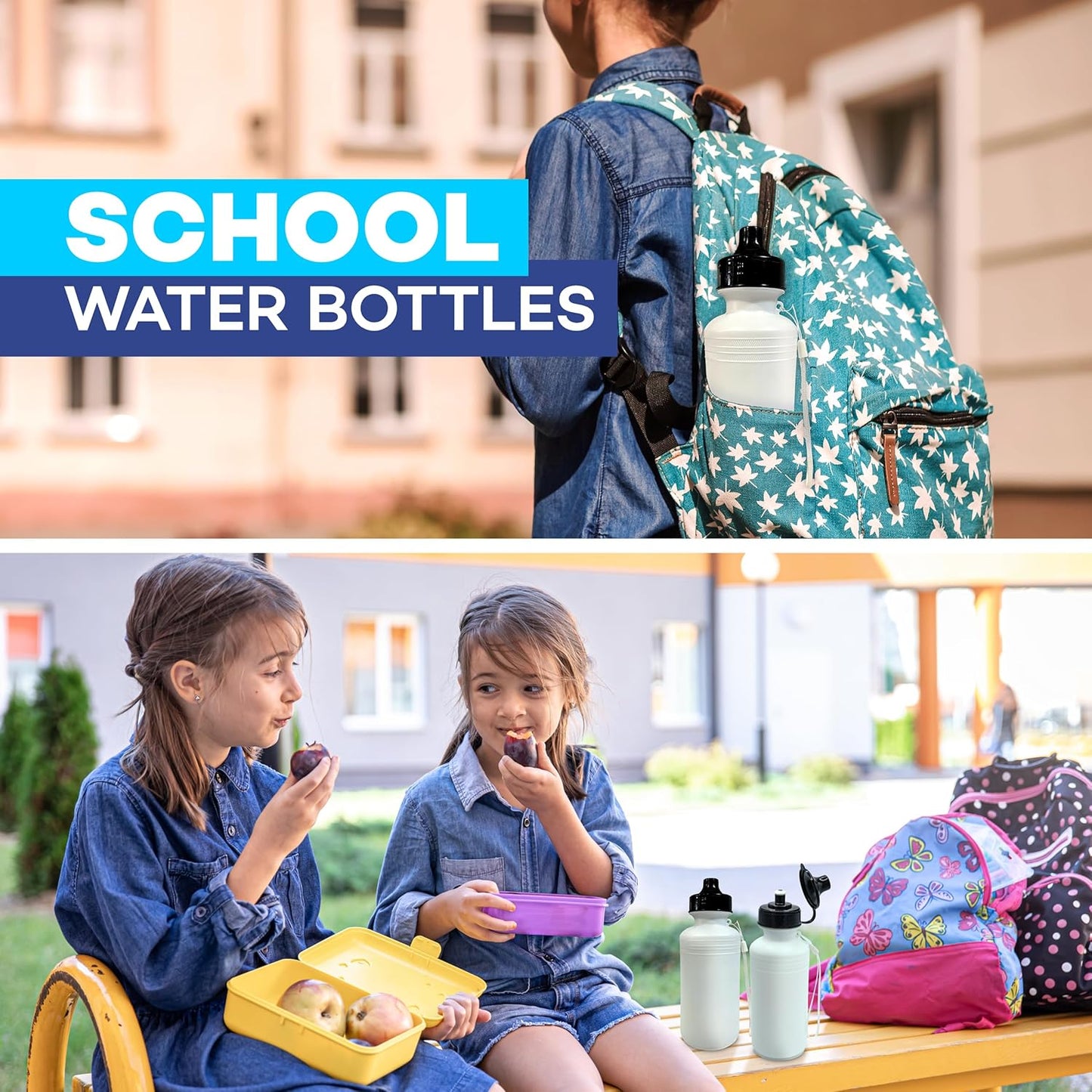 4E's Novelty Sports Water Bottles Bulk (12 Pack) 18 oz Squeeze Reusable Plastic White School Bike Water Bottle for Kids, BPA Free, Party Favor Giveaways, End of Year Student Gifts