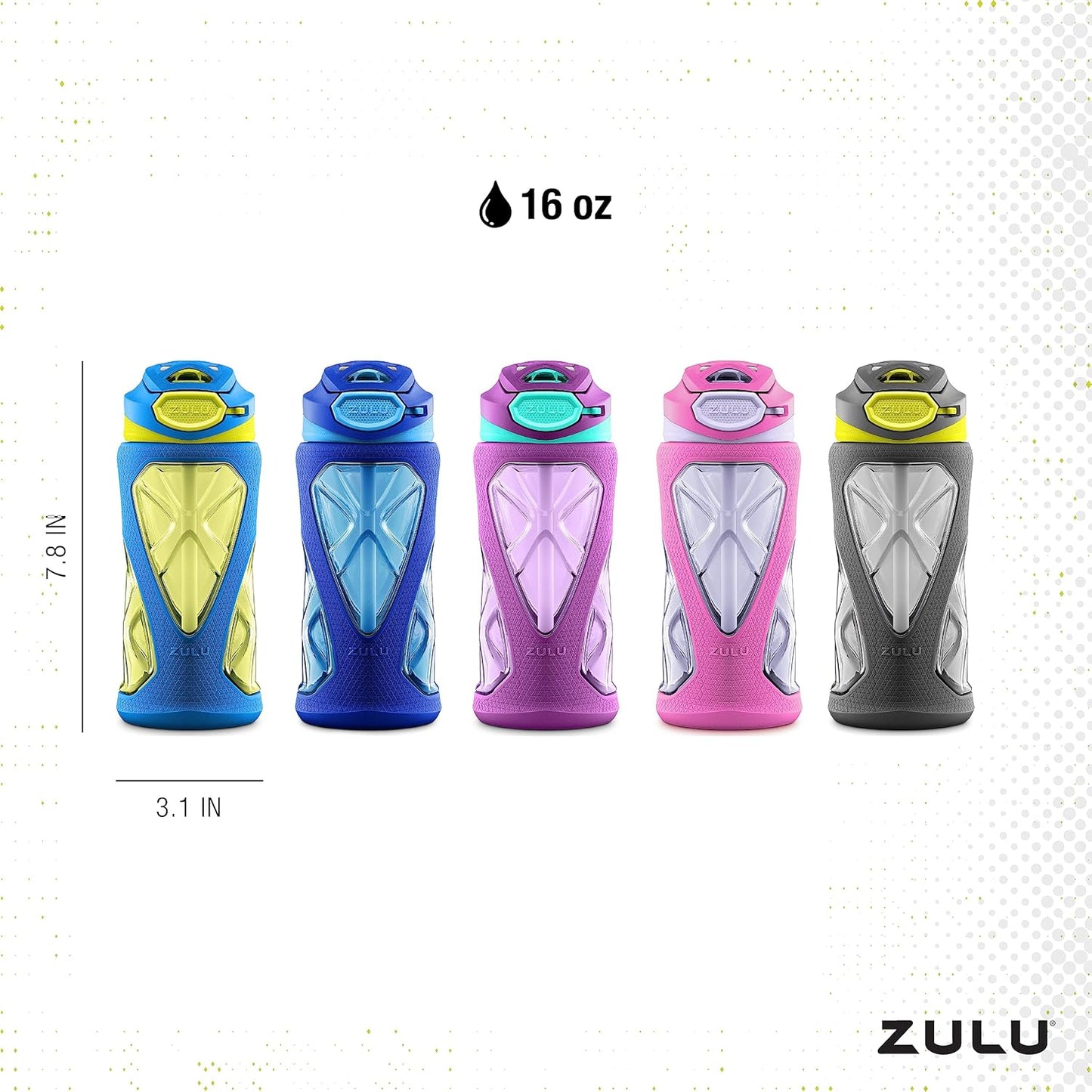 ZULU Torque 16oz Plastic Kids Water Bottle with Silicone Sleeve and Leak-Proof Locking Flip Lid