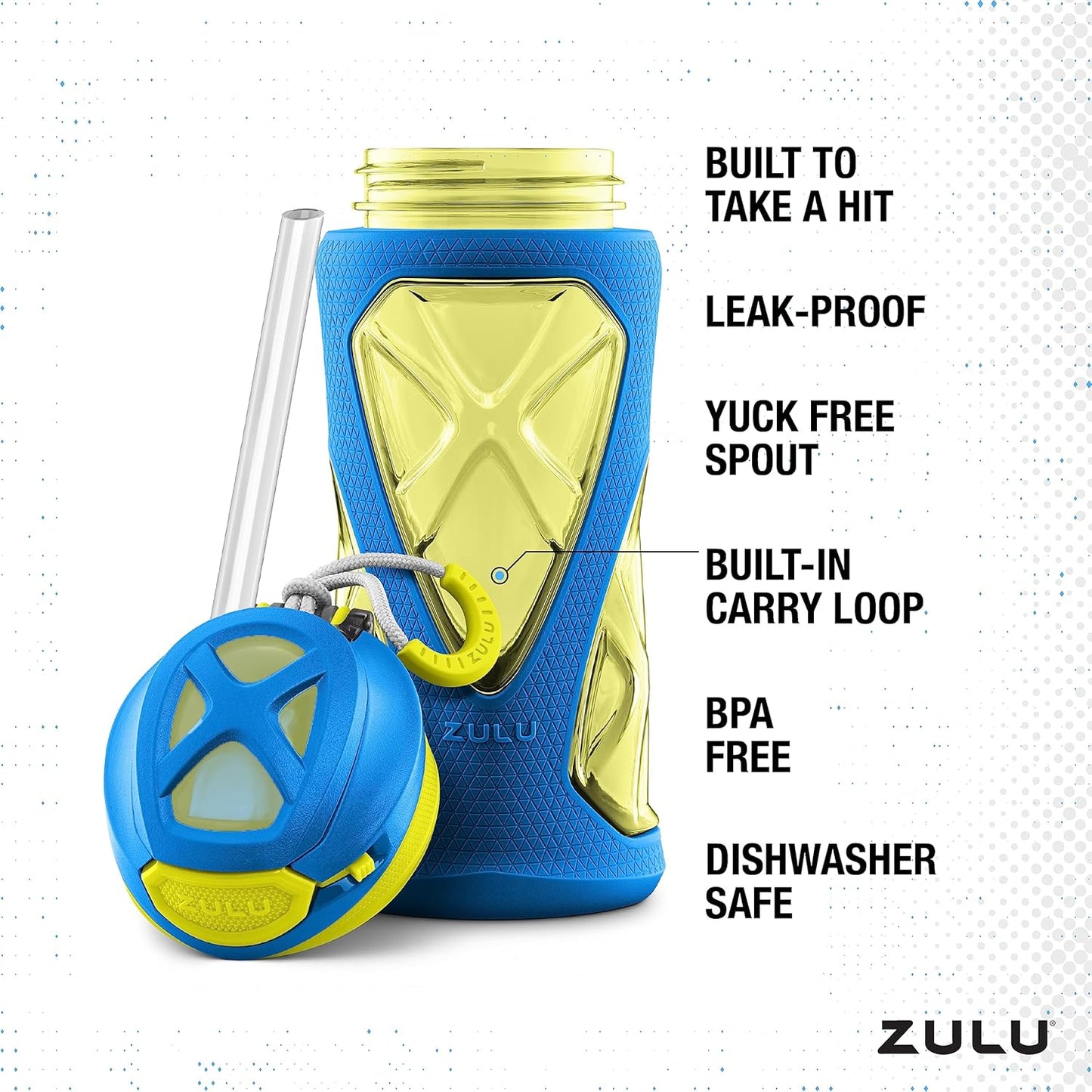 ZULU Torque 16oz Plastic Kids Water Bottle with Silicone Sleeve and Leak-Proof Locking Flip Lid