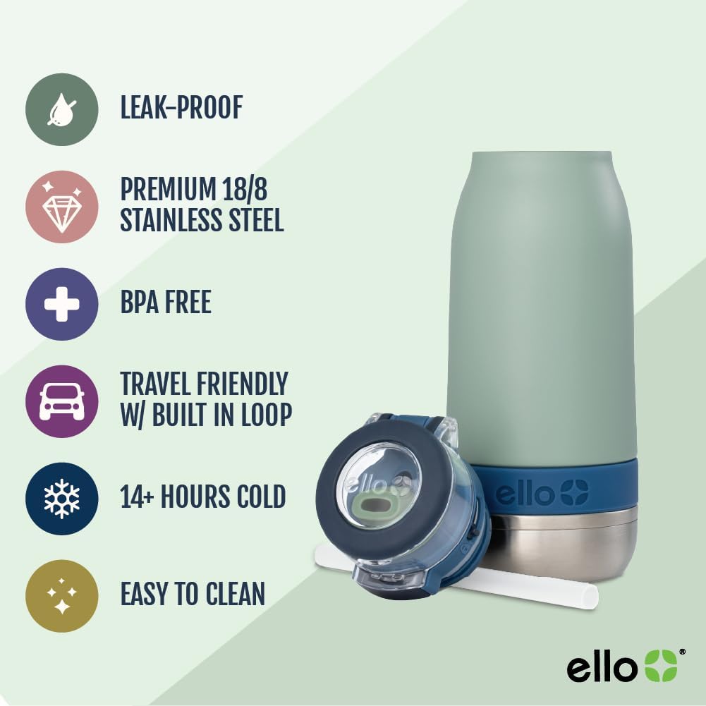 Ello Emma 14oz Vacuum Insulated Stainless Steel Kids Water Bottle with Straw and Built-in Carrying Handle and Leak-Proof Locking Lid for School Backpack, Lunchbox and Outdoor Sports