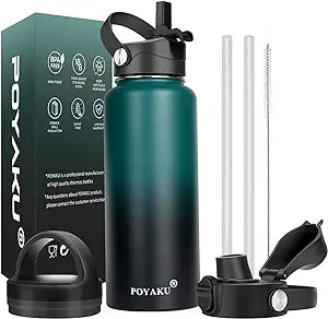 Water Bottle Insulated 32oz 40oz 64oz 128oz Straw Lid Spout Lid & 3 Lids, Leak Proof, Vacuum Insulated,Stainless Steel Water Bottle Wide Mouth for Sports, Gym or Office
