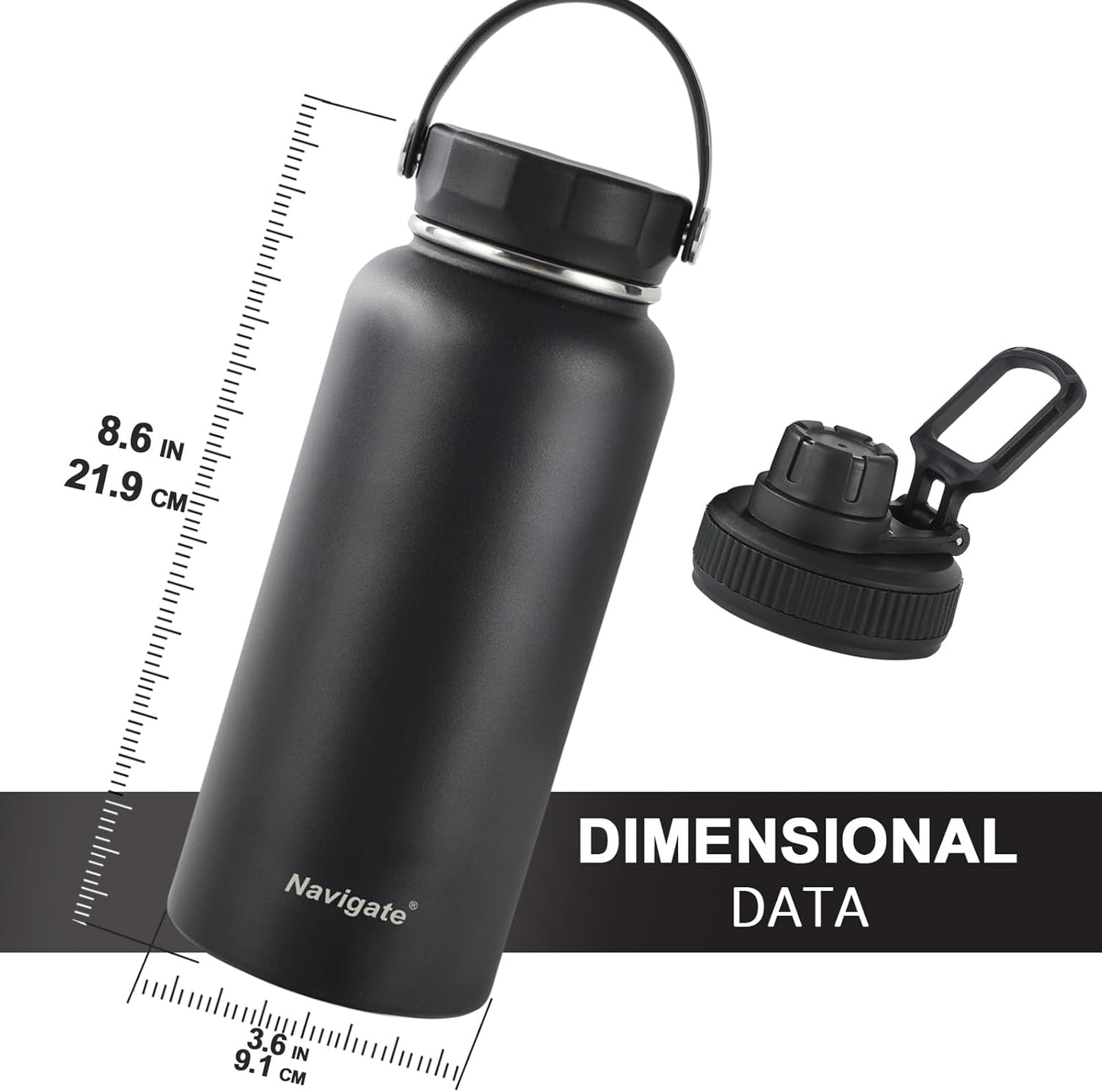 Navigate 32 oz Insulated Stainless Steel Sports Water Bottle with Spout & Handle Lids,Wide Mouth Water Jug with Double Walled Leak Proof Keep Cold for 24 Hrs Hot for 12 Hrs,Black