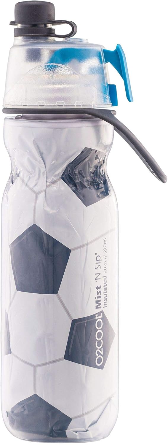 O2COOL Mist 'N Sip Misting Water Bottle 2-in-1 Mist And Sip Function With No Leak Pull Top Spout Reusable Sports Water Bottle - 20 oz (Soccer)