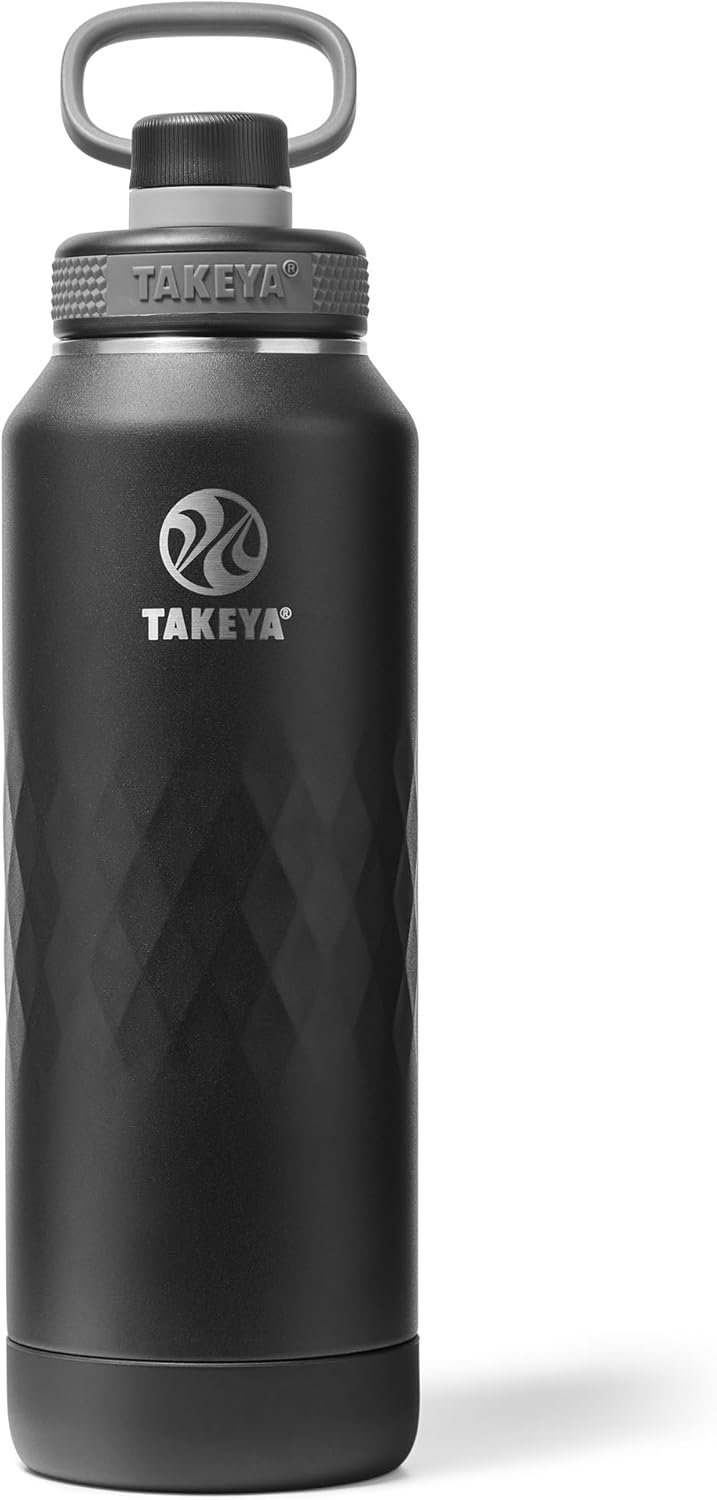 Takeya Sport 40 oz Triple-Insulated Stainless Steel Water Bottle, Spout Lid – Leakproof, Sweatproof, BPA-Free, Keeps Drinks Cold 36 Hrs, Hot 14 Hrs – Obsidian