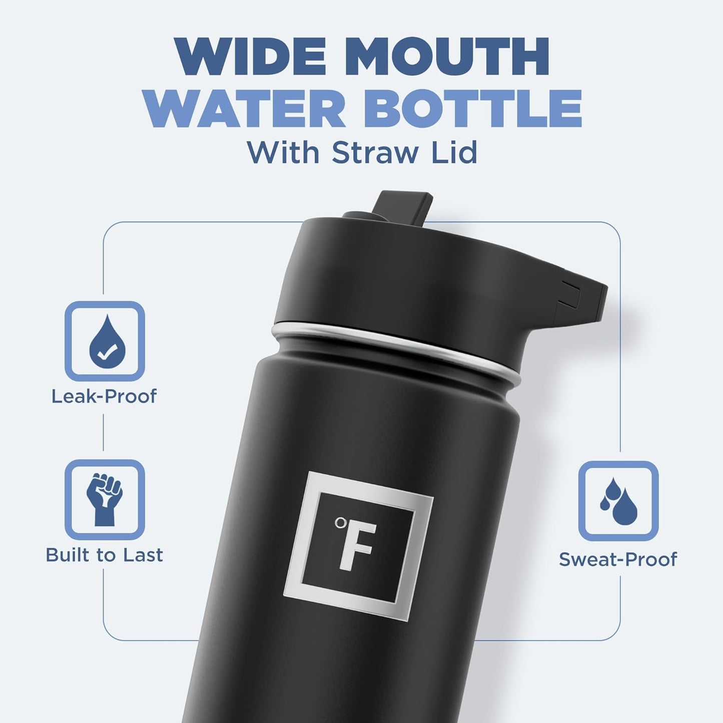 IRON °FLASK Camping & Hiking Hydration Flask with 3 Lids - Stainless Steel, Double Walled & Vacuum Insulated Water Bottle - Leak Proof & BPA Free (Midnight Black, Straw - 22 oz)