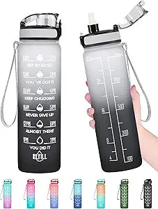 Enerbone Water Bottle, Leakproof BPA & Toxic Free, Motivational Water Bottle with Times to Drink and Straw, Fitness Sports Water Bottle with Strap for Office, Gym, Outdoor Sports