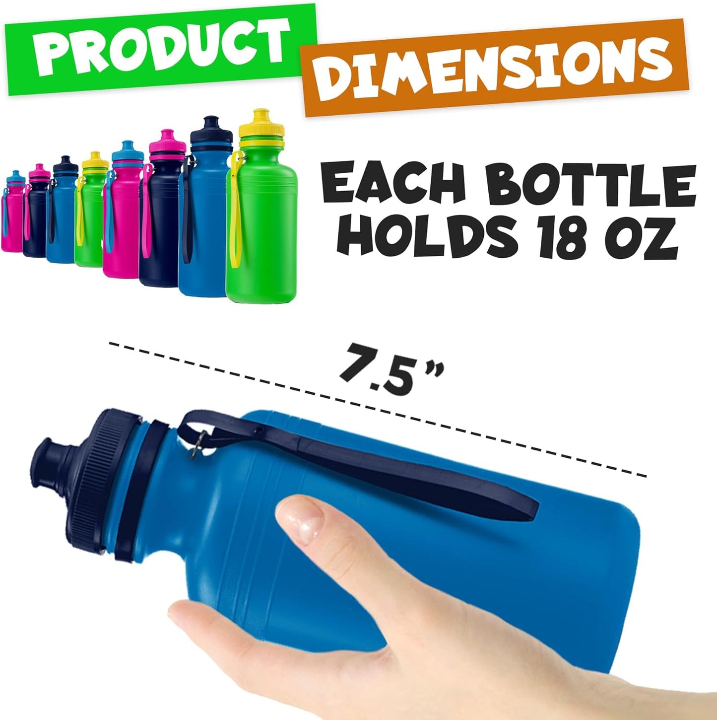 Bedwina Bulk Water Bottles For Kids - (Pack of 12) 18 Oz - 7.5 Inch BPA-Free Plastic with Pop-up Tops & Handles for Sports, Summer, Reusable Water Bottles Bulk For School