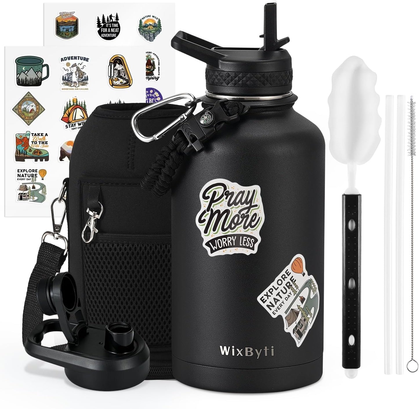 64 oz Insulated Water Bottle with Straw (Cold for 48 Hrs), Half Gallon Stainless Steel Triple Wall Vacuum Sports Water Jug, Leakproof Hydro Cup Flask with Straw Spout Lids & DIY Stickers