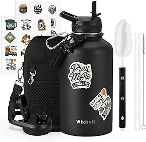 64 oz Insulated Water Bottle with Straw (Cold for 48 Hrs), Half Gallon Stainless Steel Triple Wall Vacuum Sports Water Jug, Leakproof Hydro Cup Flask with Straw Spout Lids & DIY Stickers