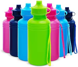 4E's Novelty Bulk Water Sports Bottles for Kids 18 oz - 12 Pack Squeeze Reusable Plastic, Neon Colors, BPA Free, Kids Water Bottles Party Favor Gift Giveaways, End of Year Student Gifts from Teacher