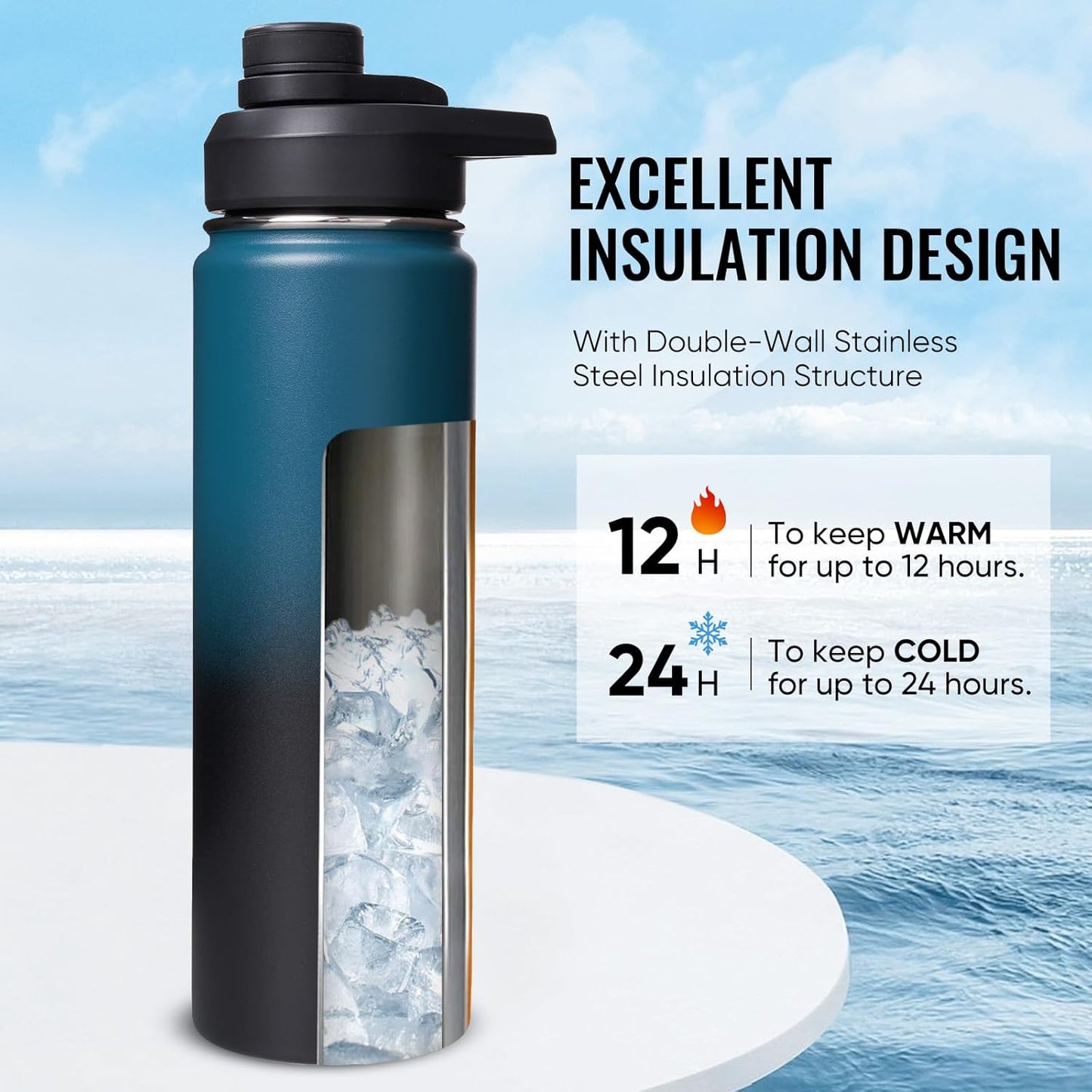 24 oz Insulated Water Bottle with Handle, 304 Stainless Steel Water Bottles with Wide Mouth, Double Wall Vacuum Sports Water Bottle, BPA Free, Keep Cold and Hot, Blue&Black