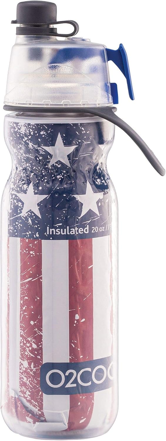 O2COOL Mist 'N Sip Misting Water Bottle 2-in-1 Mist And Sip Function With No Leak Pull Top Spout Reusable Sports Water Bottle - 20 oz (Patriot)