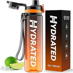 Water Bottle, 32 oz Motivational Water Bottles with Time Marker-Tritan & BPA Free, Sports Water Bottle with Time to Drink & Strap, Wide Mouth, Leakproof -Gift for Christmas Gym Fitness & Outdoor