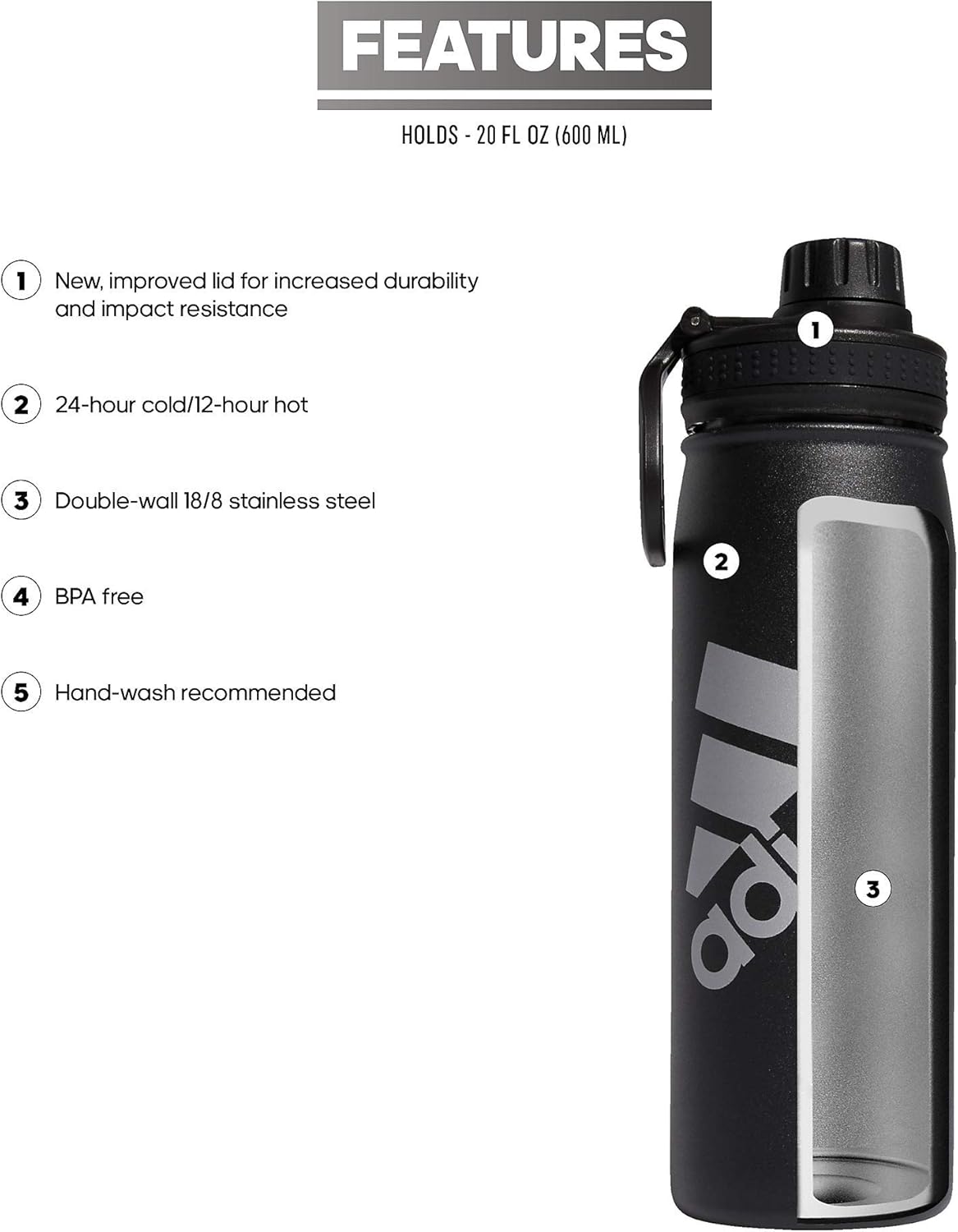 adidas 20 oz Stainless Steel Water Bottle, Insulated Double-Walled 18/8 Metal, Men, Women, Girls and Boys