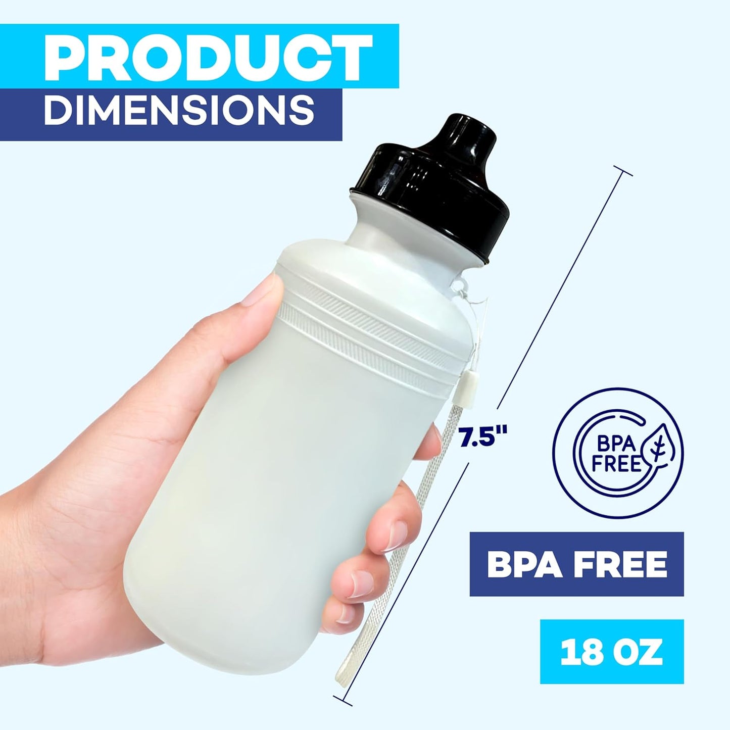 4E's Novelty Sports Water Bottles Bulk (12 Pack) 18 oz Squeeze Reusable Plastic White School Bike Water Bottle for Kids, BPA Free, Party Favor Giveaways, End of Year Student Gifts