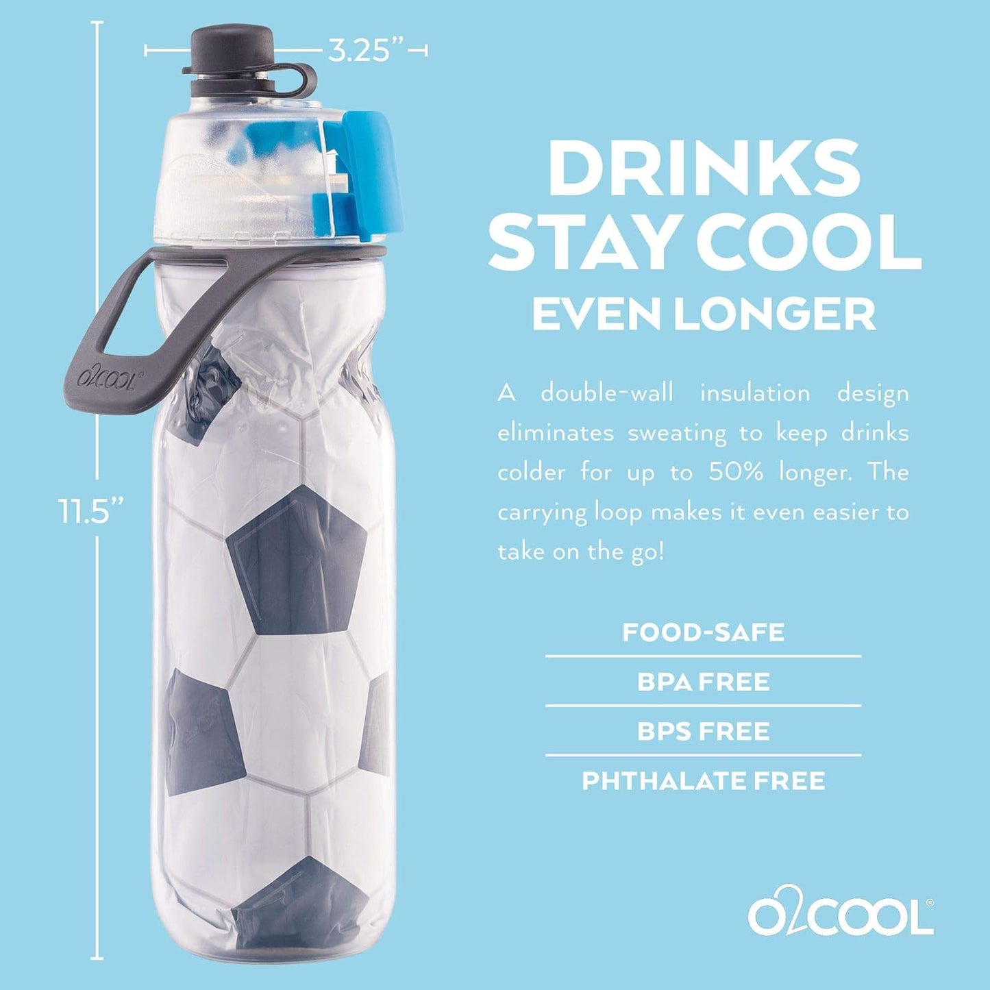 O2COOL Mist 'N Sip Misting Water Bottle 2-in-1 Mist And Sip Function With No Leak Pull Top Spout Reusable Sports Water Bottle - 20 oz (Soccer)