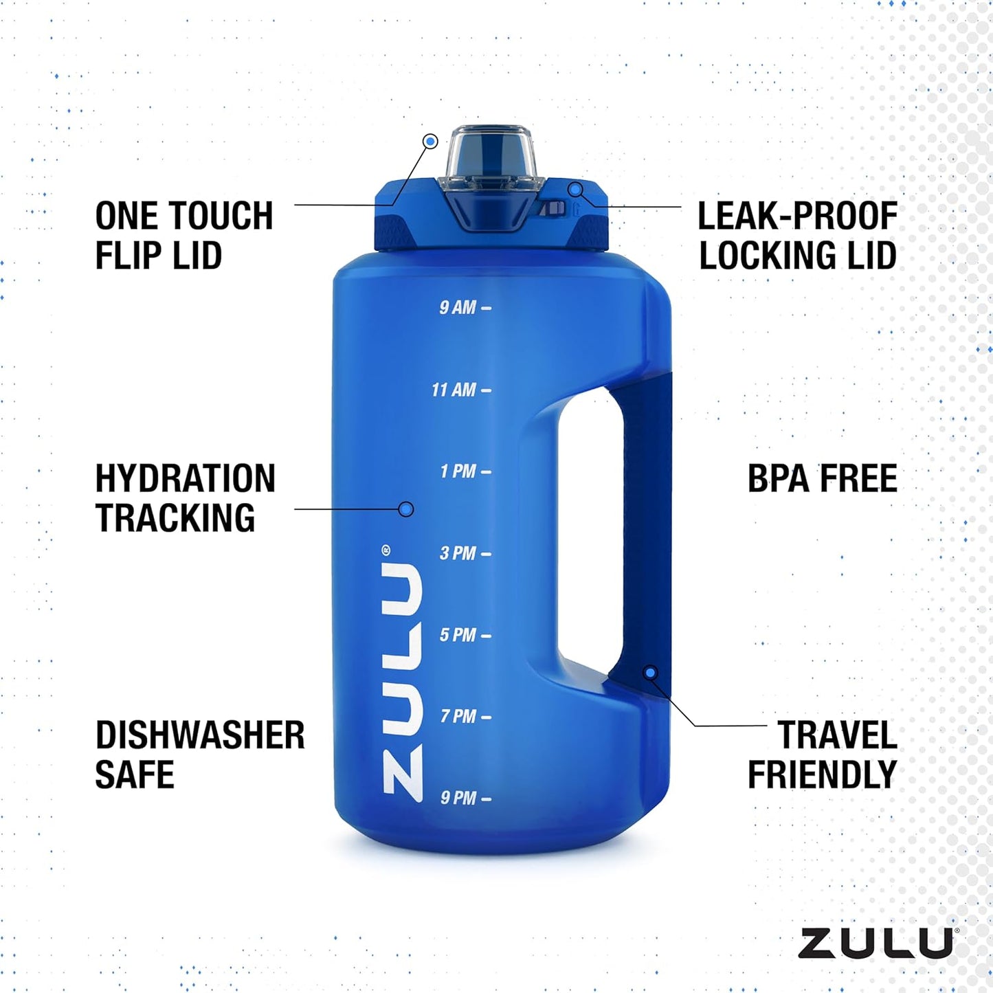 ZULU Goals 64oz Large Half Gallon Jug Water Bottle with Motivational Time Marker, Covered Straw Spout and Carrying Handle, Perfect for Gym, Home, and Sports, Royal Blue